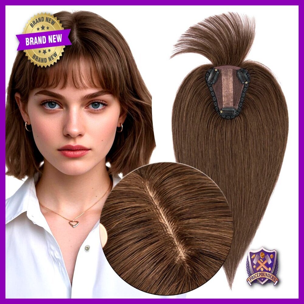 Human Hair Topper with Bangs Lace Silk Base Clip-in Hairpiece Lightweight 10